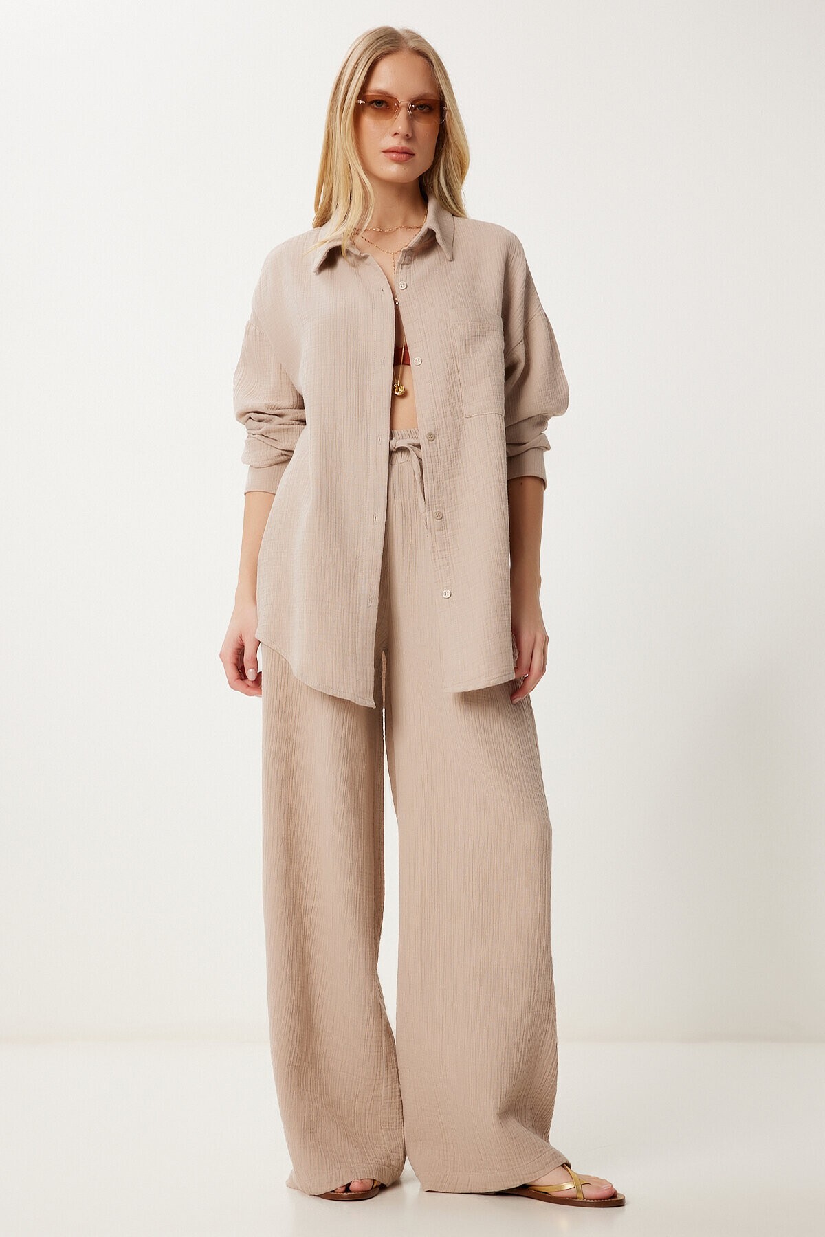 Oversize Müslin Gömlek Pantolon Takım BEJ LSA0014