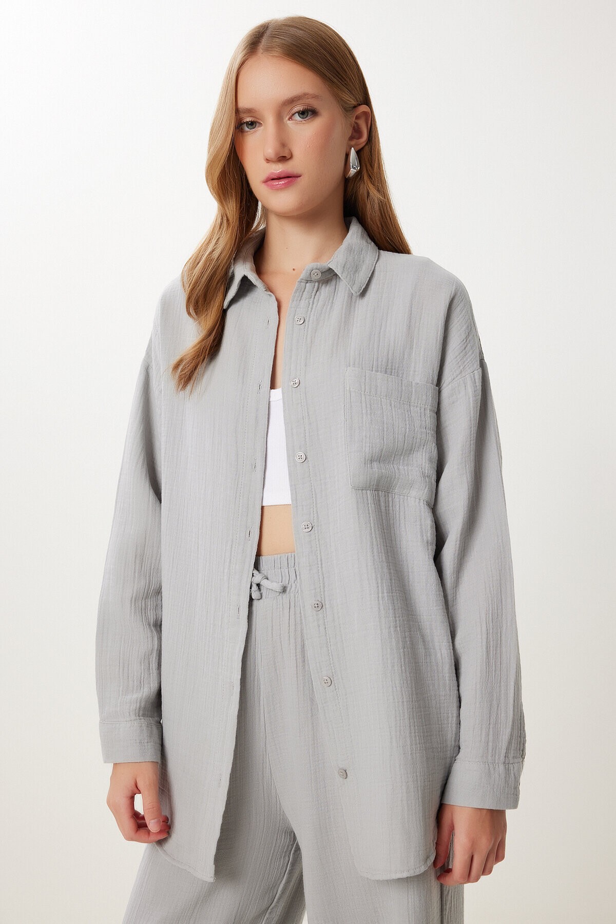 Oversize Müslin Gömlek Pantolon Takım GRİ LSA0014