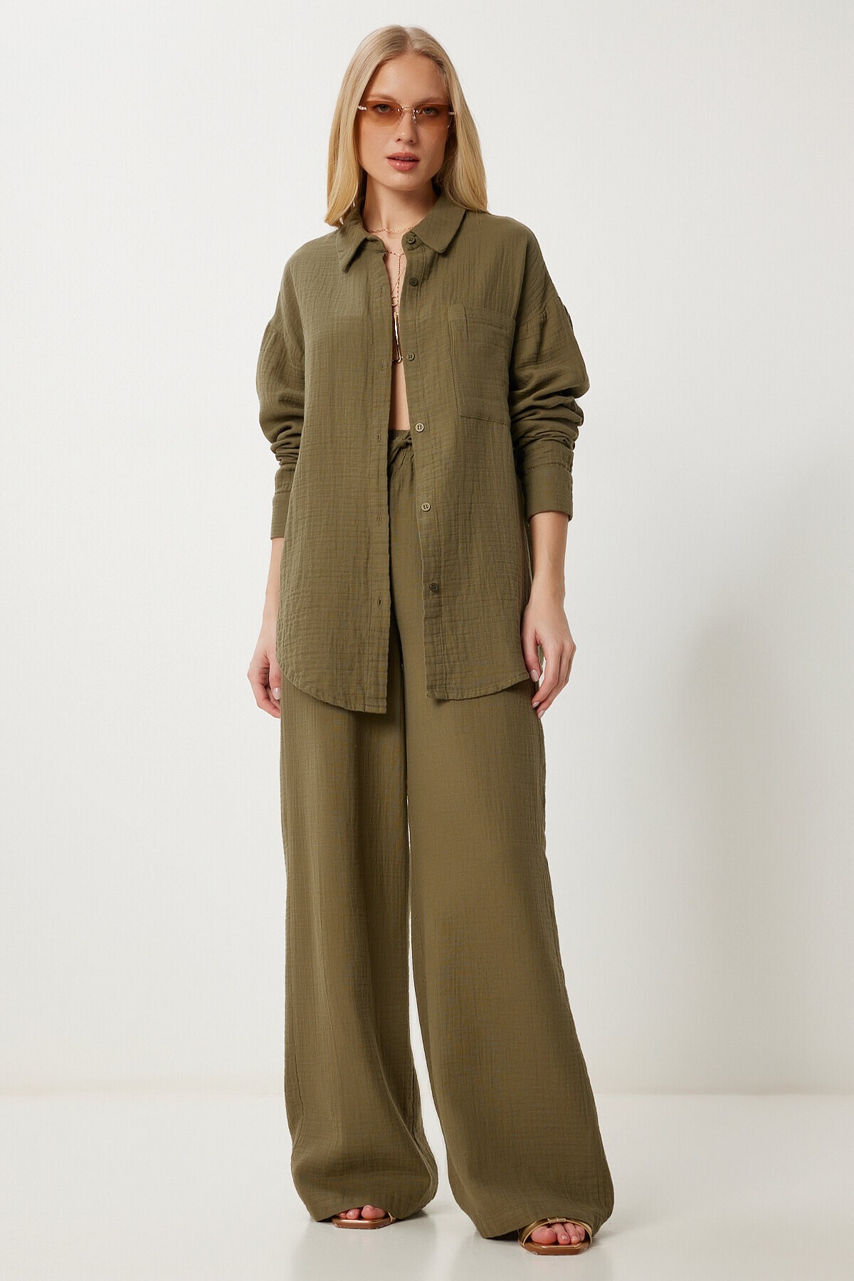 Oversize Müslin Gömlek Pantolon Takım HAKİ LSA0014