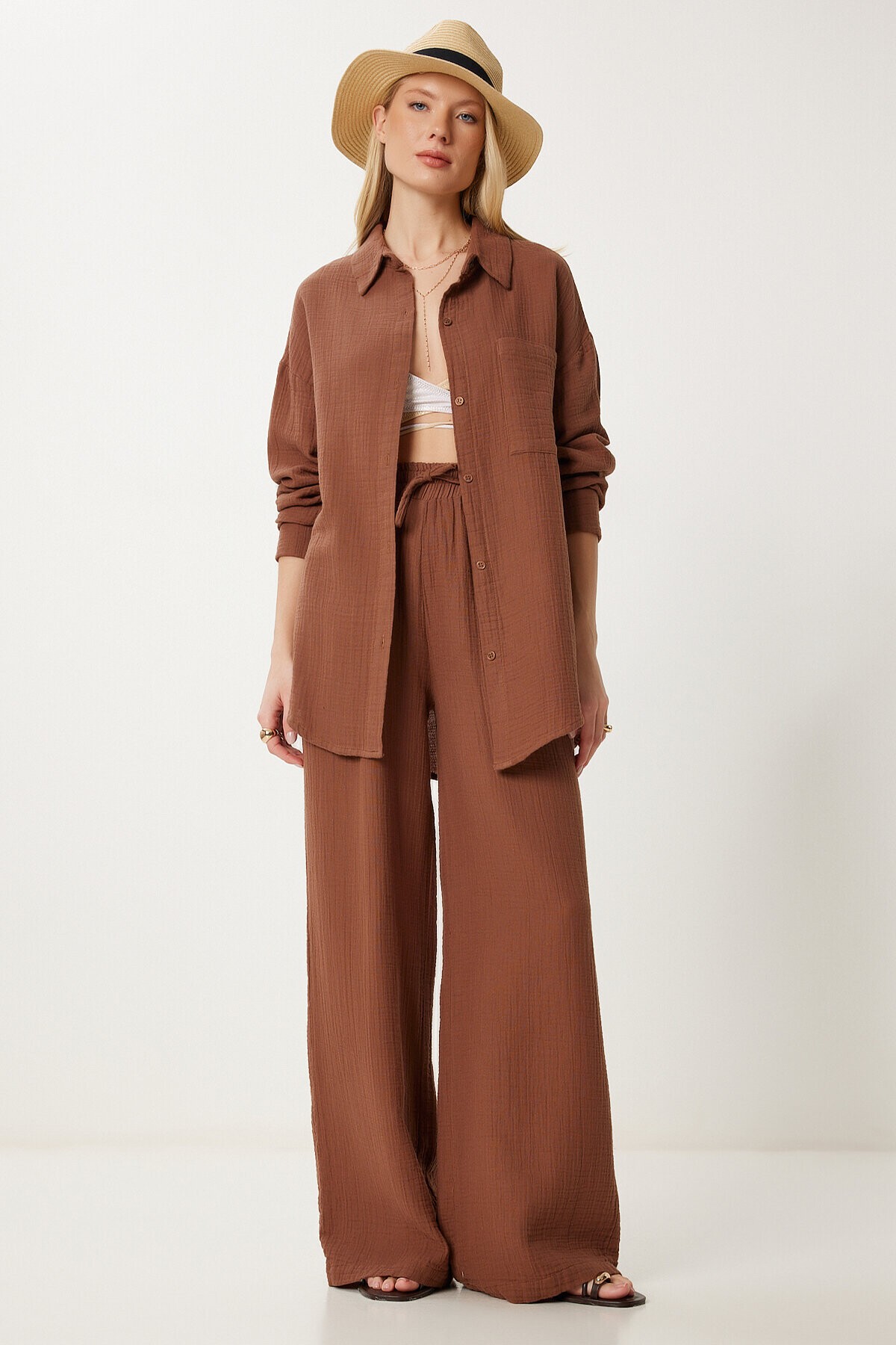 Oversize Müslin Gömlek Pantolon Takım KAHVERENGİ LSA0014
