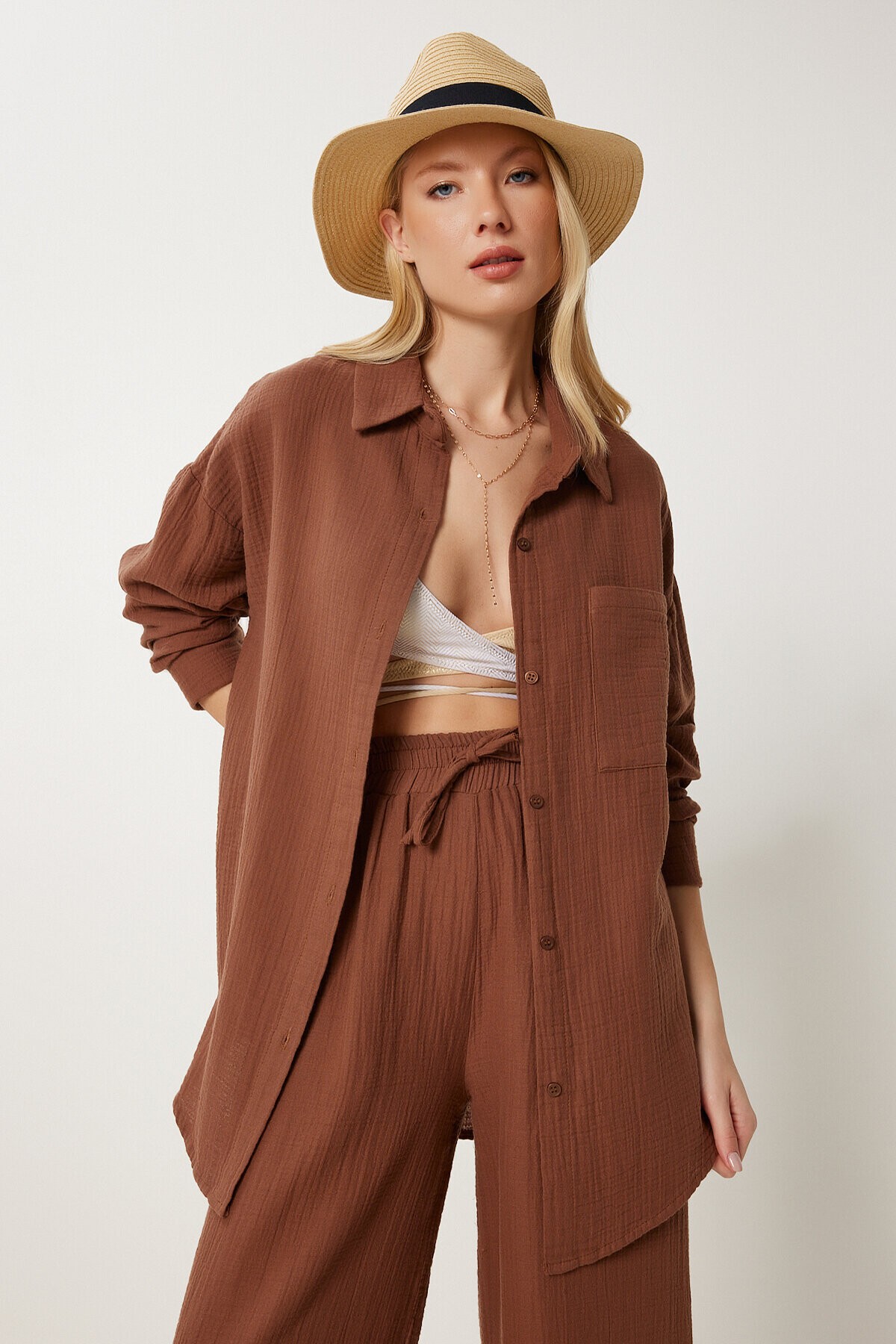 Oversize Müslin Gömlek Pantolon Takım KAHVERENGİ LSA0014