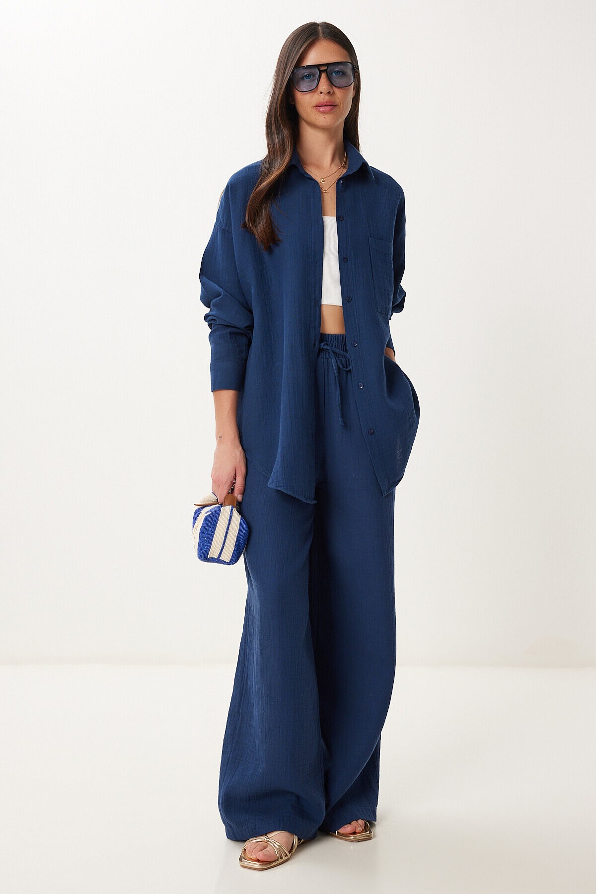 Oversize Müslin Gömlek Pantolon Takım LACİVERT LSA0014