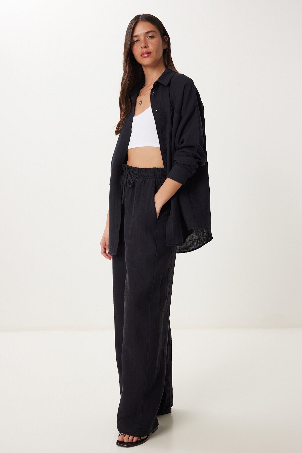 Oversize Müslin Gömlek Pantolon Takım SİYAH LSA0014