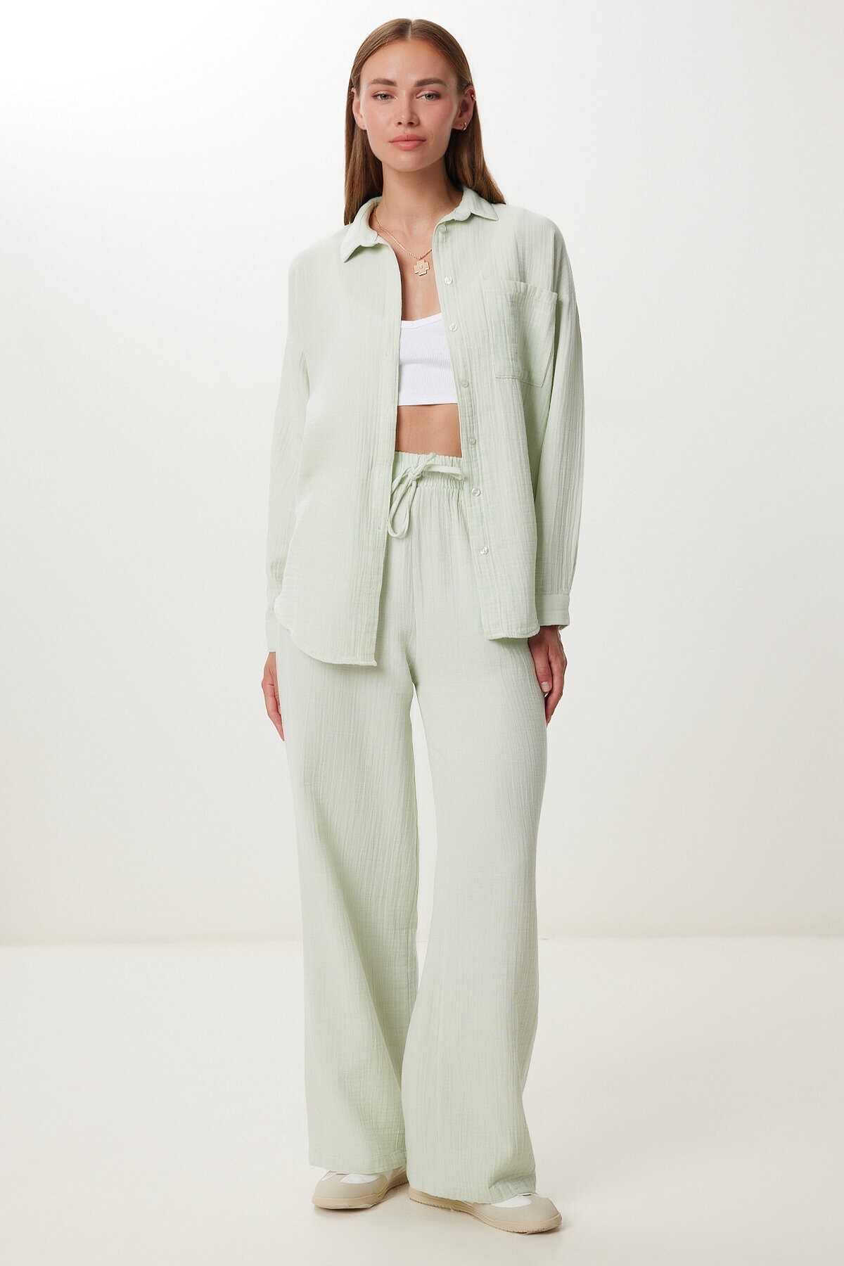 Oversize Müslin Gömlek Pantolon Takım SU YEŞİLİ LSA0014
