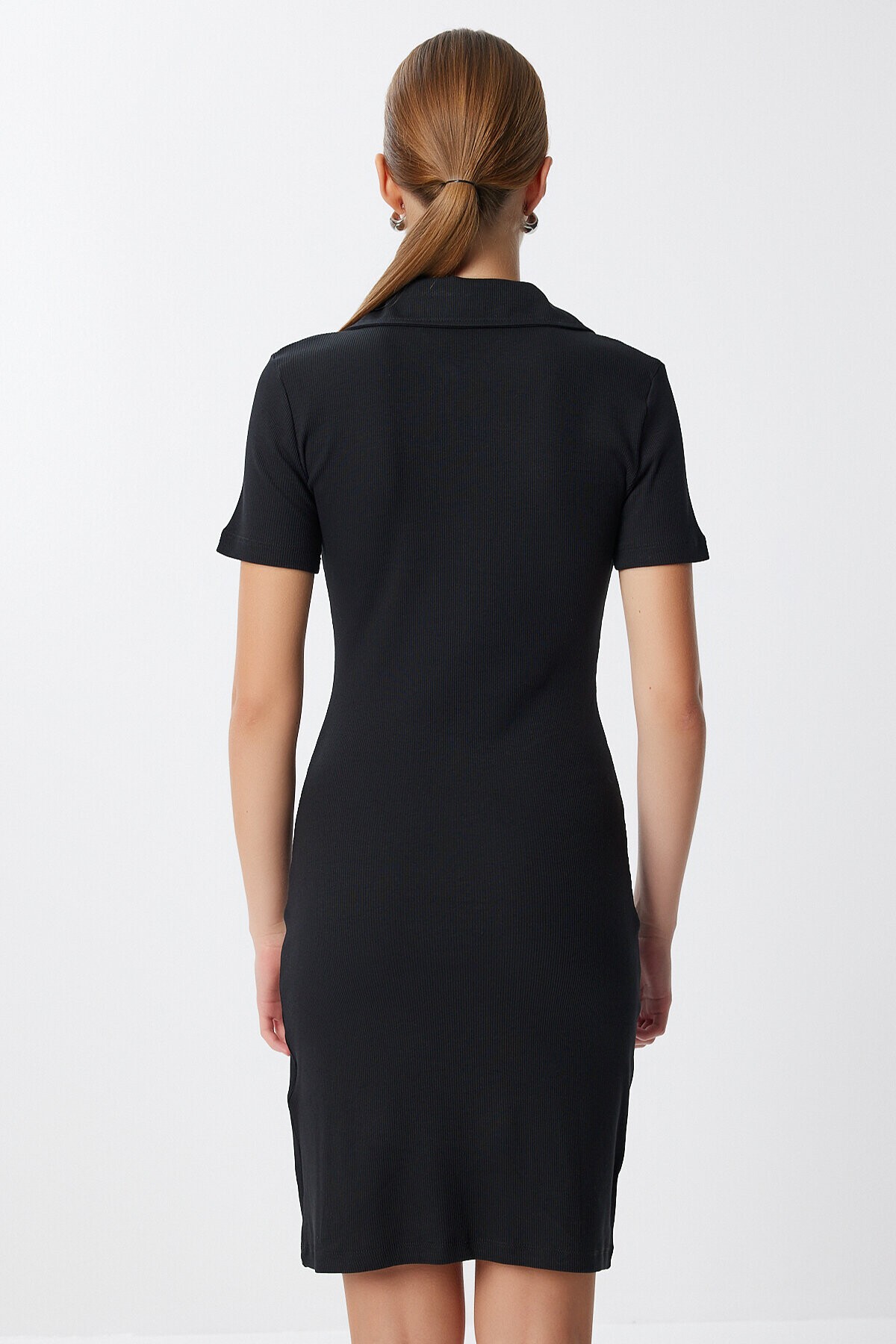 Polo Yaka Fitilli Mini Örme Elbise SİYAH LMX0110