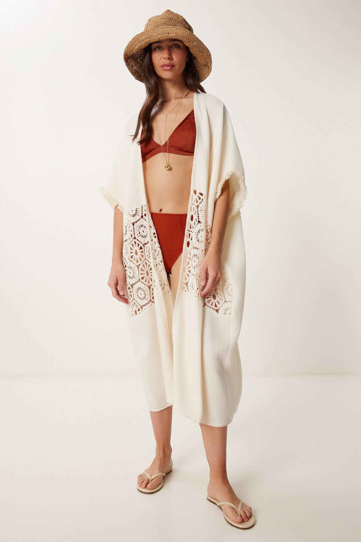 Püsküllü Dantelli Müslin Kimono KREM LFG0008