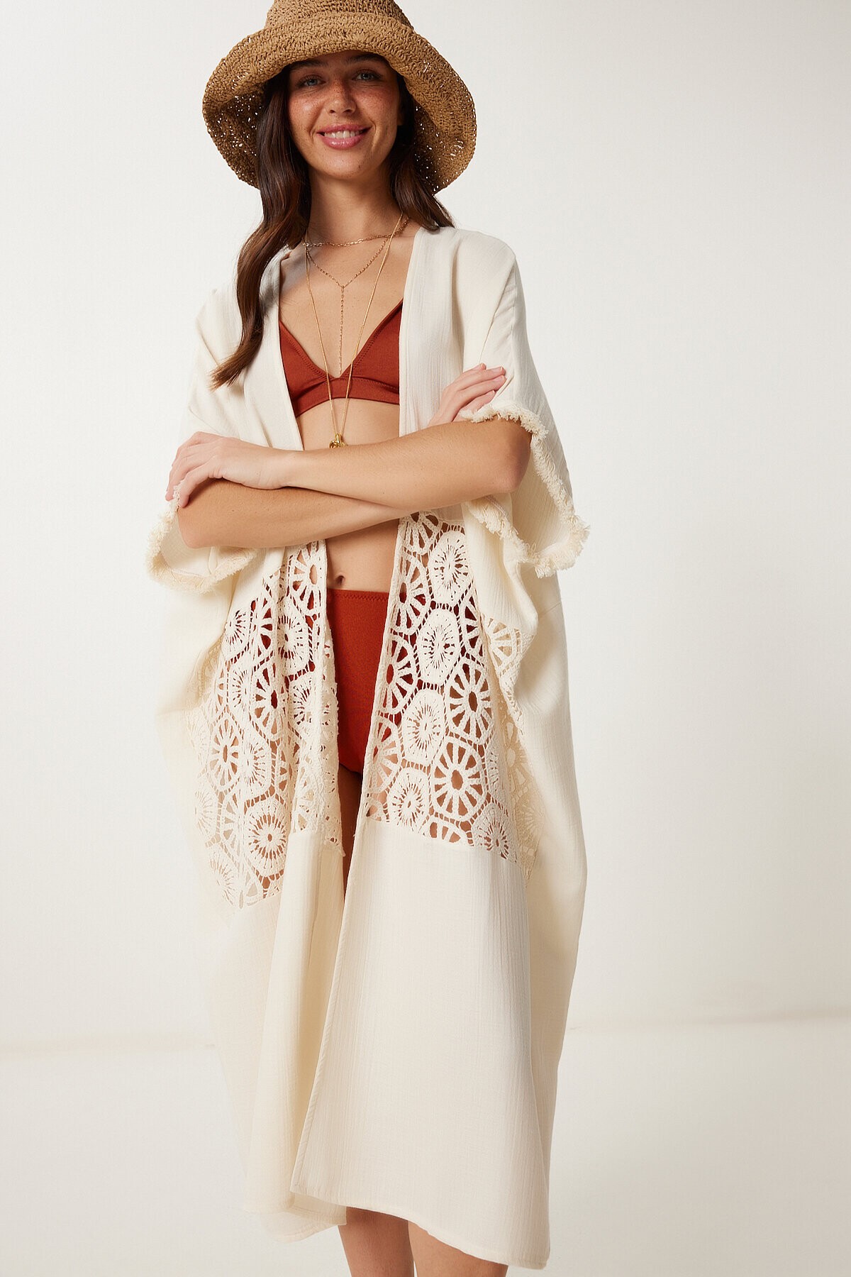 Püsküllü Dantelli Müslin Kimono KREM LFG0008