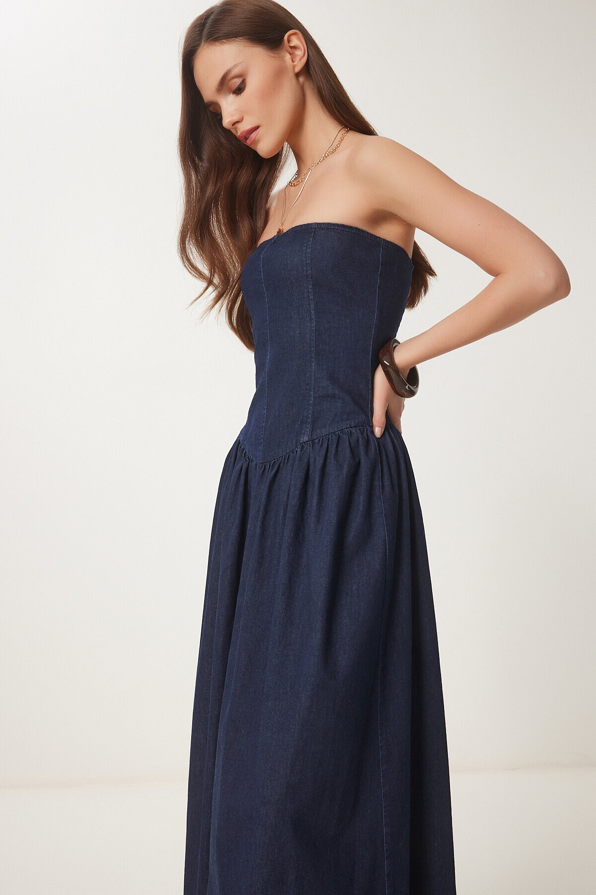 Straplez Midi Denim Elbise KOYU MAVİ LNS0039
