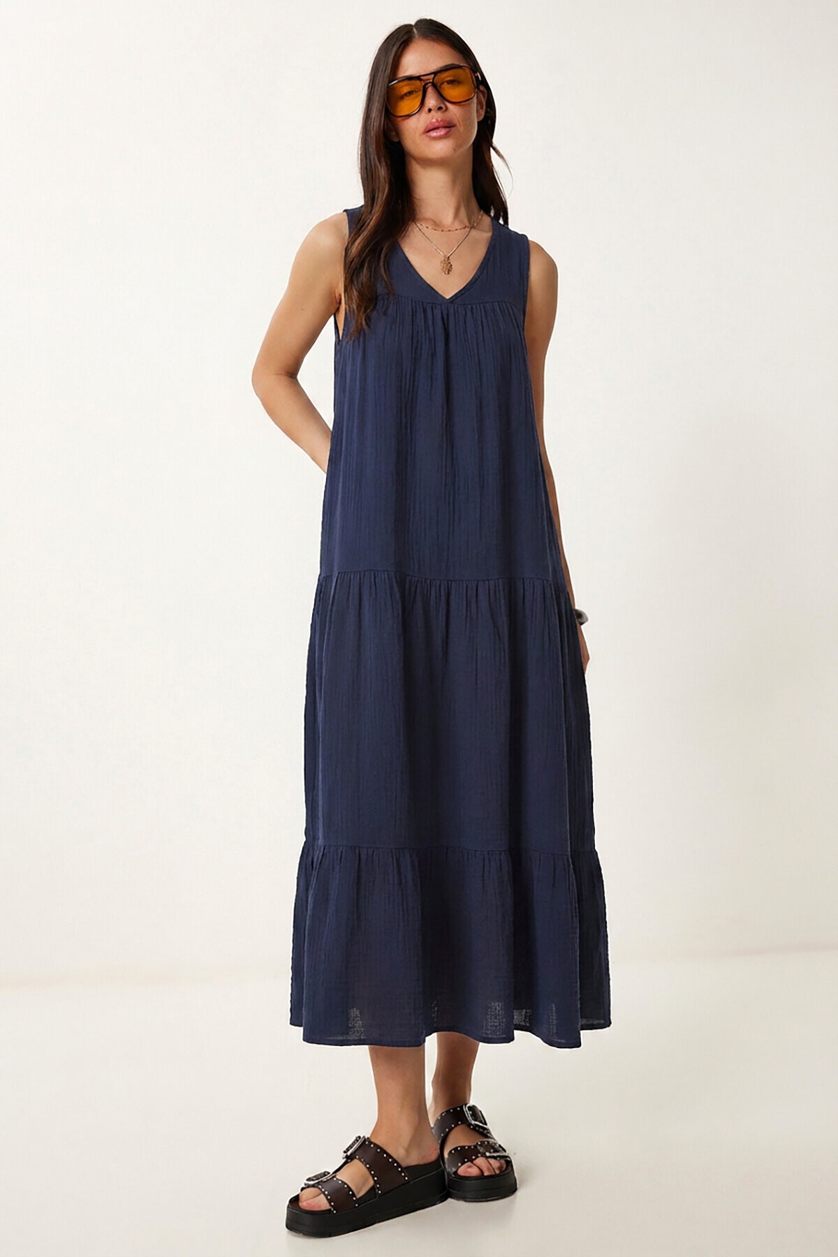 Volanlı Yazlık Müslin Elbise LACİVERT LMX0087