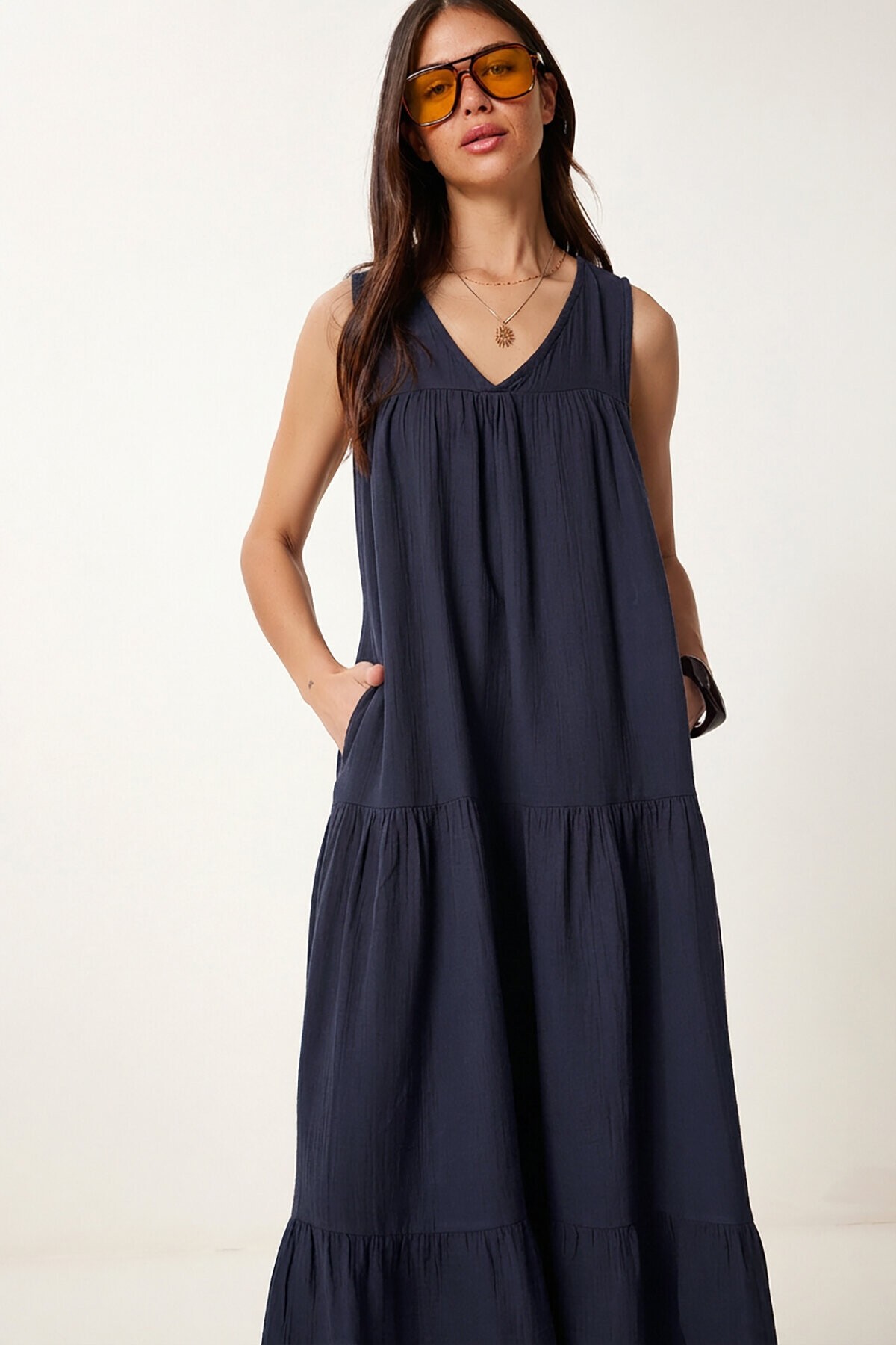 Volanlı Yazlık Müslin Elbise LACİVERT LMX0087