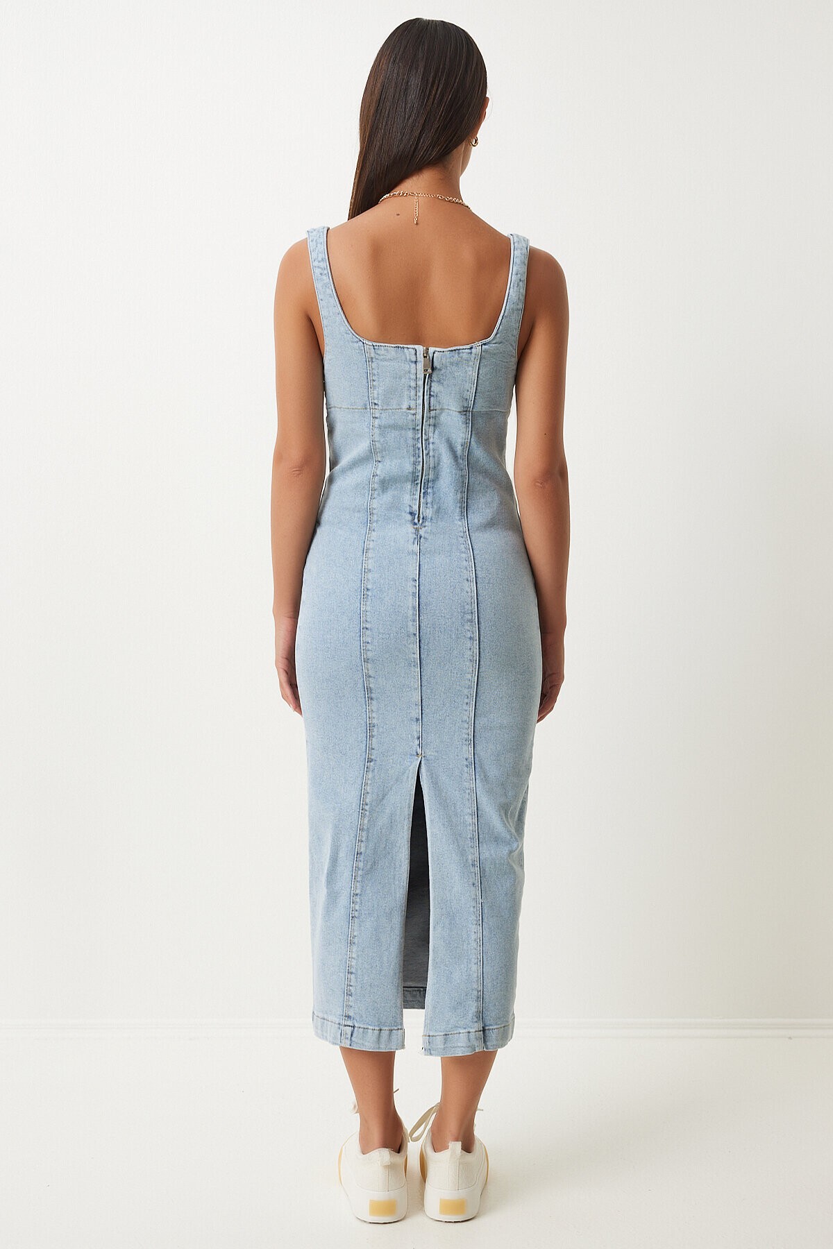 Askılı Midi Denim Elbise AÇIK MAVİ LOK0001