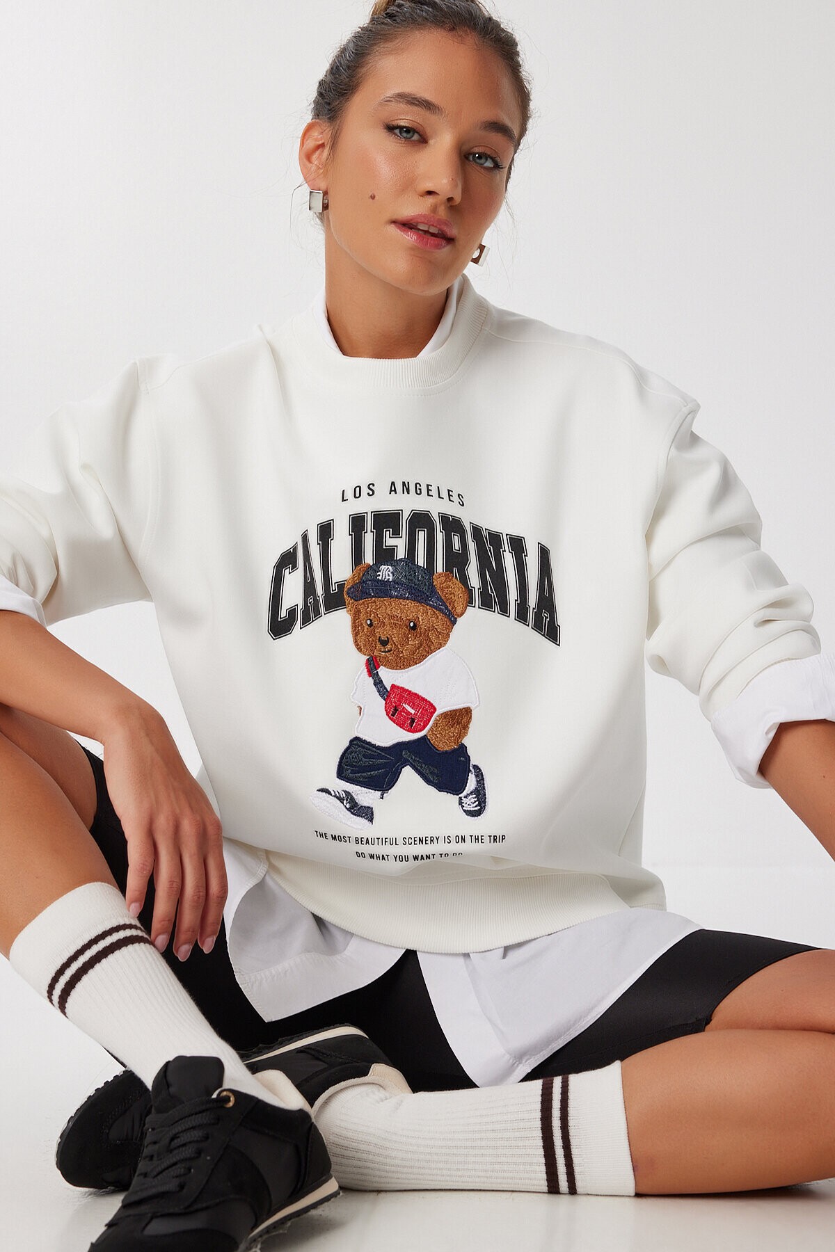 Ayıcık Armalı Baskılı Oversize Örme Sweatshirt EKRU LMC0074