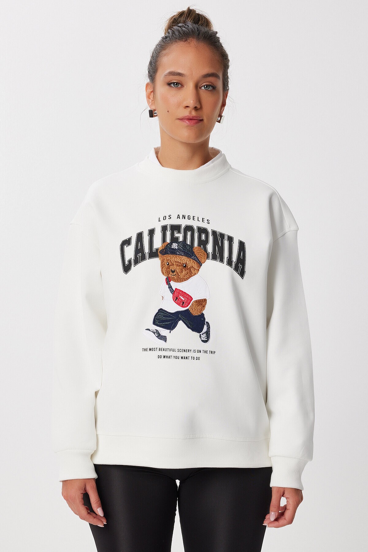 Ayıcık Armalı Baskılı Oversize Örme Sweatshirt EKRU LMC0074
