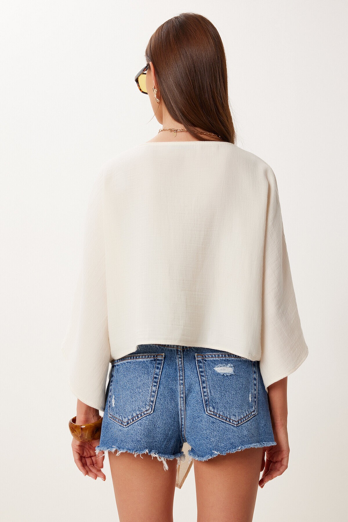 Bağlama Detaylı Crop Müslin Bluz KREM LMX0092