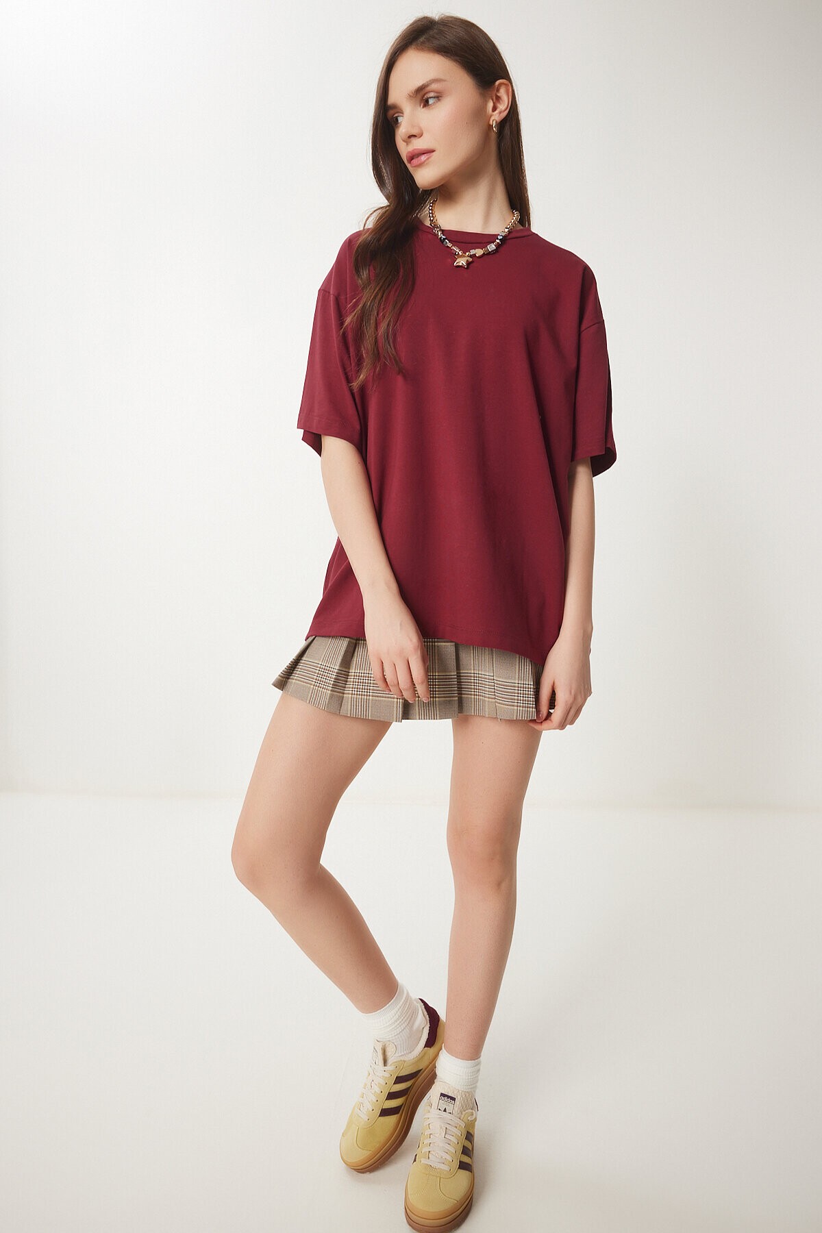 Basic Oversize Örme T-shirt BORDO LHW0003