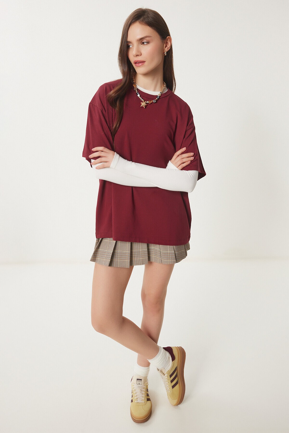 Basic Oversize Örme T-shirt BORDO LHW0003