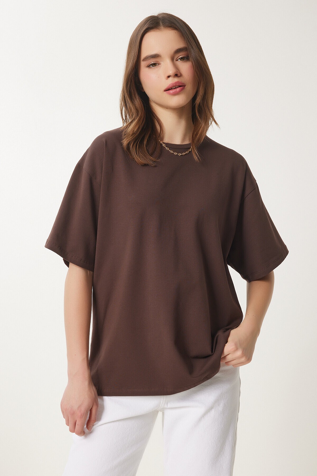 Basic Oversize Örme T-shirt KAHVERENGİ LHW0003