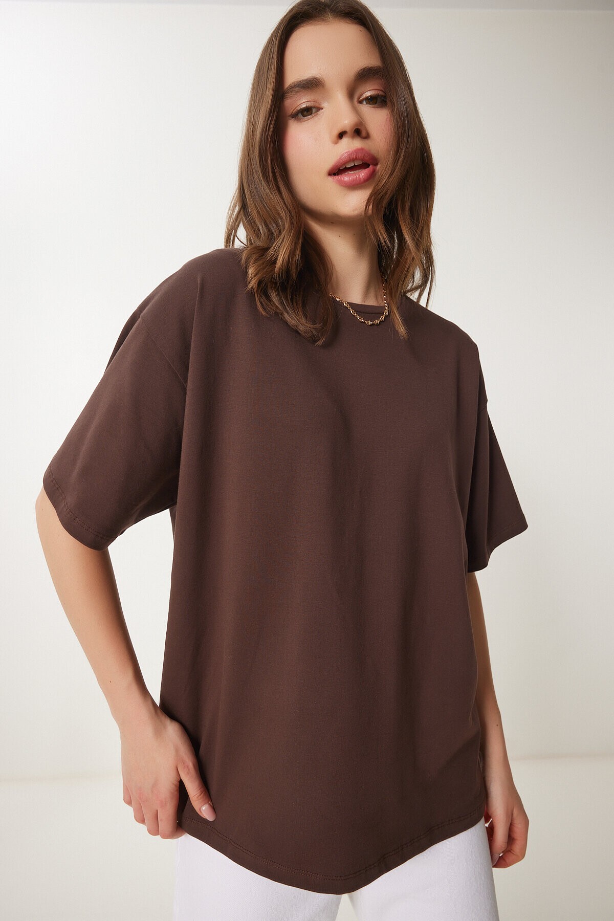 Basic Oversize Örme T-shirt KAHVERENGİ LHW0003