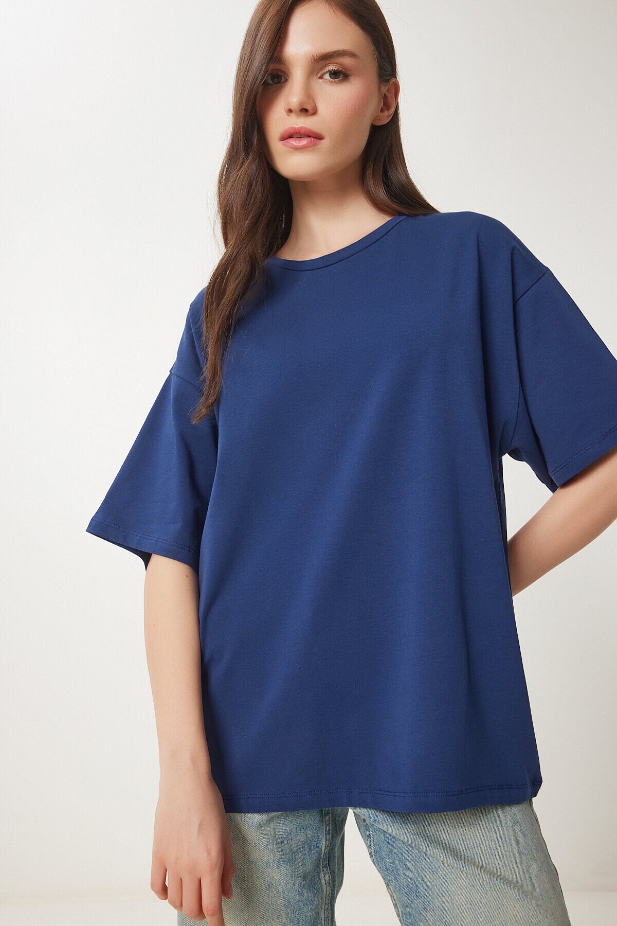 Basic Oversize Örme T-shirt LACİVERT LHW0003