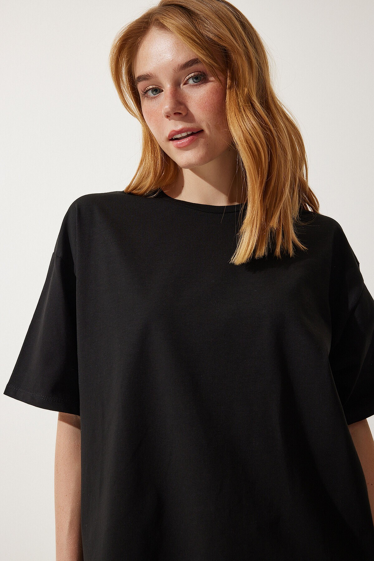 Basic Oversize Örme T-shirt SİYAH LHW0003