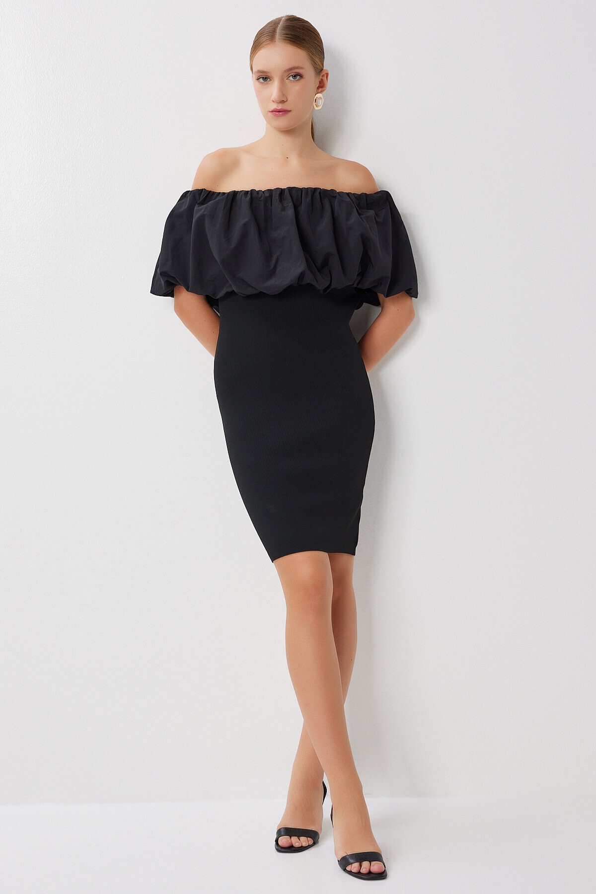 Carmen Yaka Fitilli Triko Mini Elbise SİYAH LNS0078