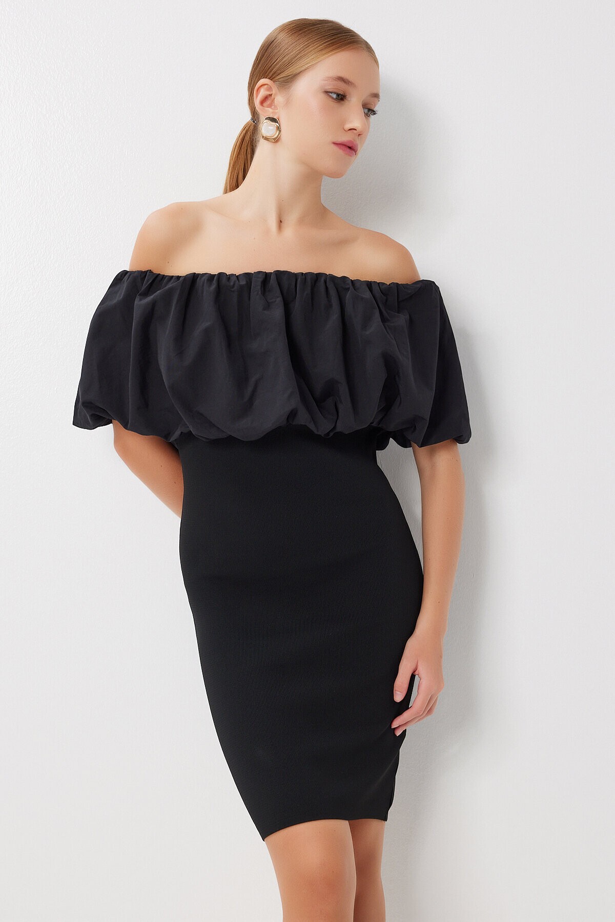 Carmen Yaka Fitilli Triko Mini Elbise SİYAH LNS0078