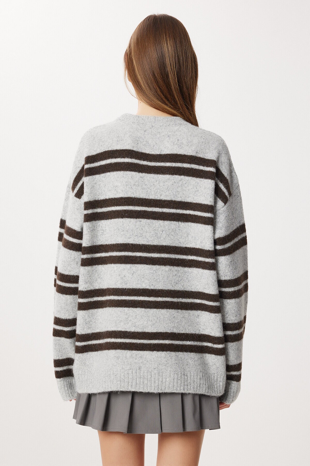 Çizgili Yün Efektli Triko Kazak GRİ KAHVERENGİ LMT0050