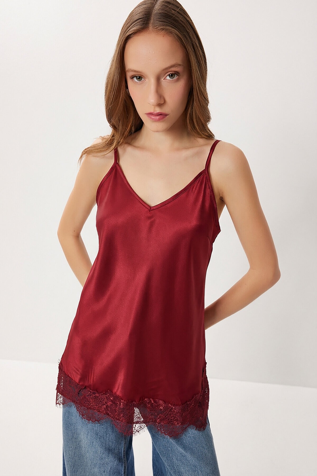 Dantelli Saten Yüzeyli Kamisol Bluz BORDO LNT0024