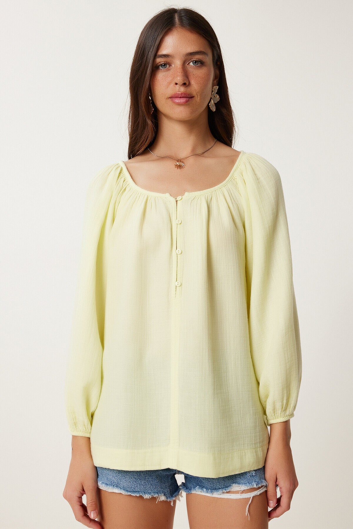 Düğmeli Müslin Bluz SARI LMX0088