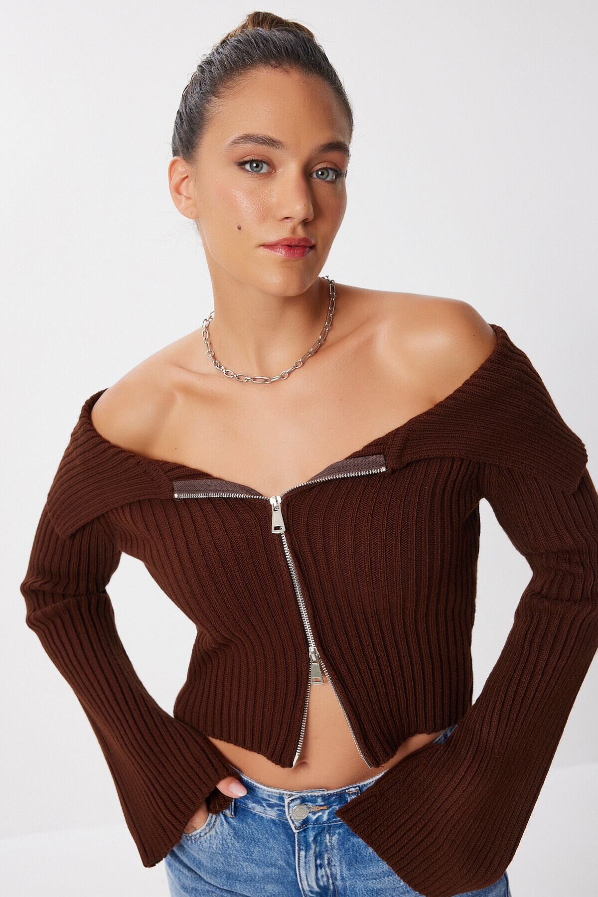 Fermuarlı Crop Triko Hırka KAHVERENGİ LMT0031