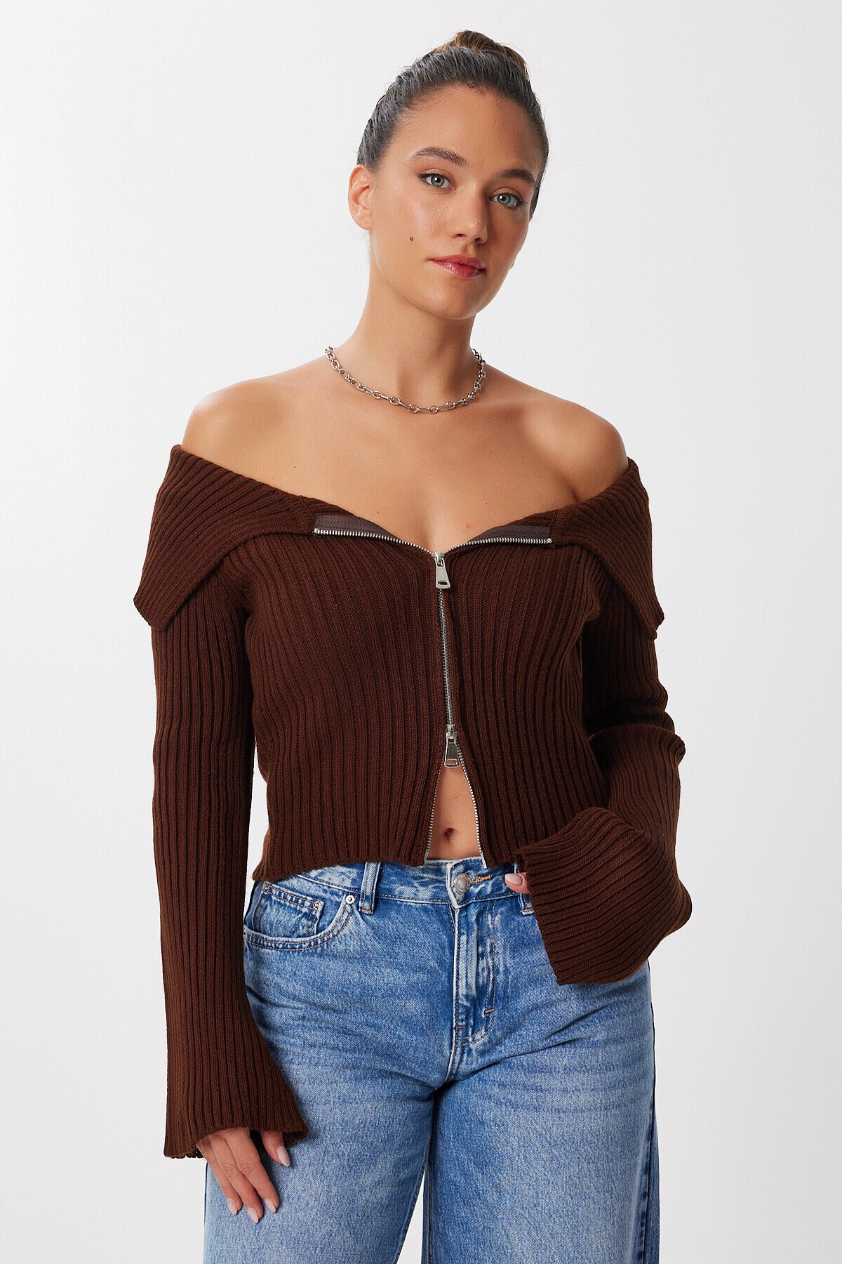 Fermuarlı Crop Triko Hırka KAHVERENGİ LMT0031