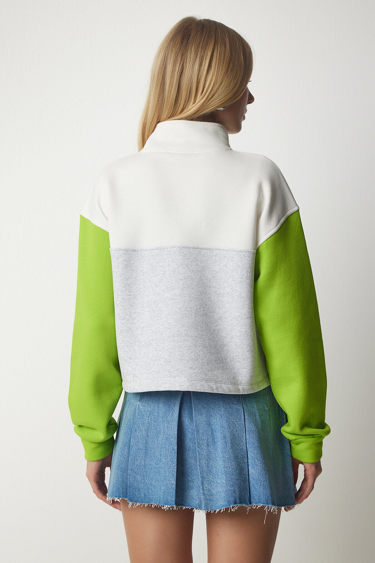 Fermuarlı Yaka Şardonlu Örme Crop Sweatshirt GRİ AÇIK YEŞİL LNJ0018