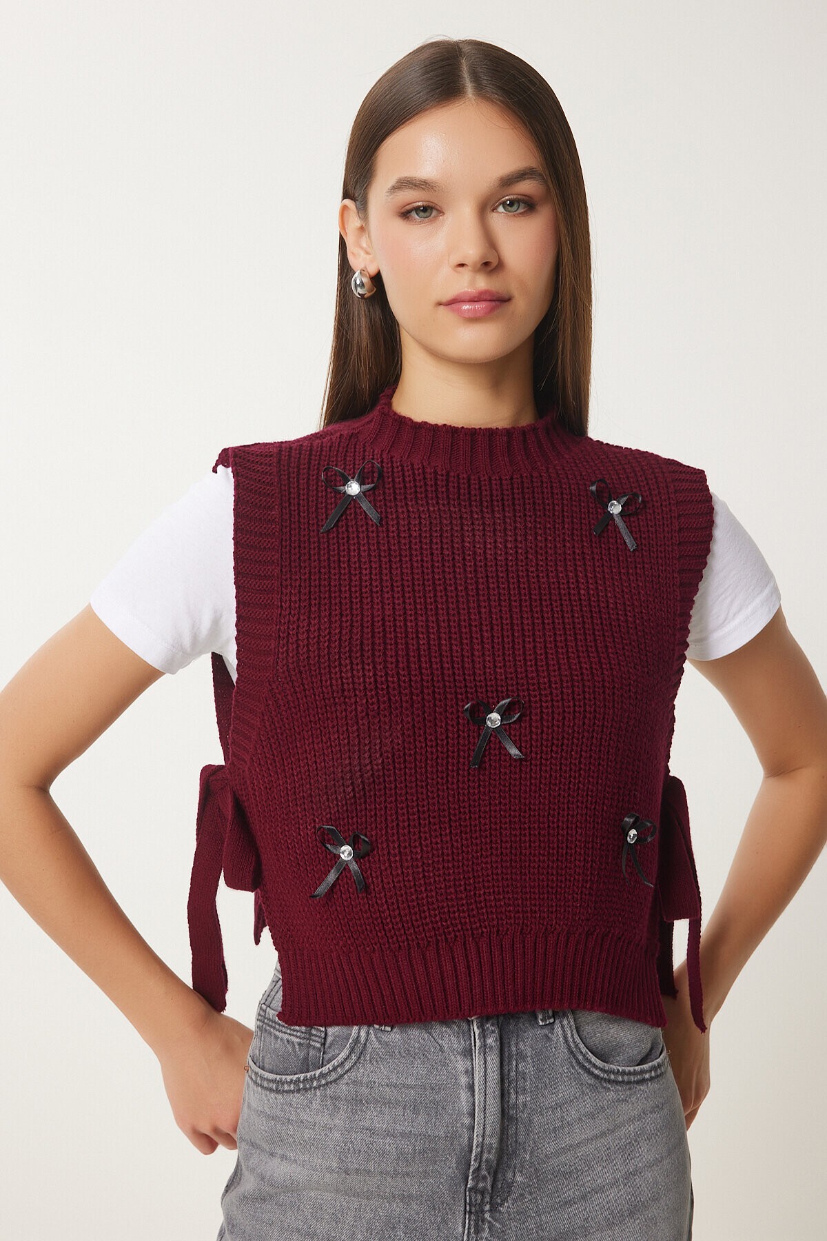 Fiyonklu Bağlamalı Crop Triko Süveter BORDO LMT0025