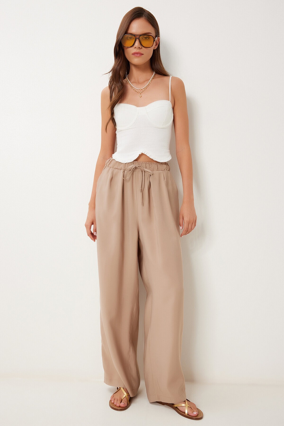 Geniş Paça Rahat Modal Pantolon BEJ LMX0090