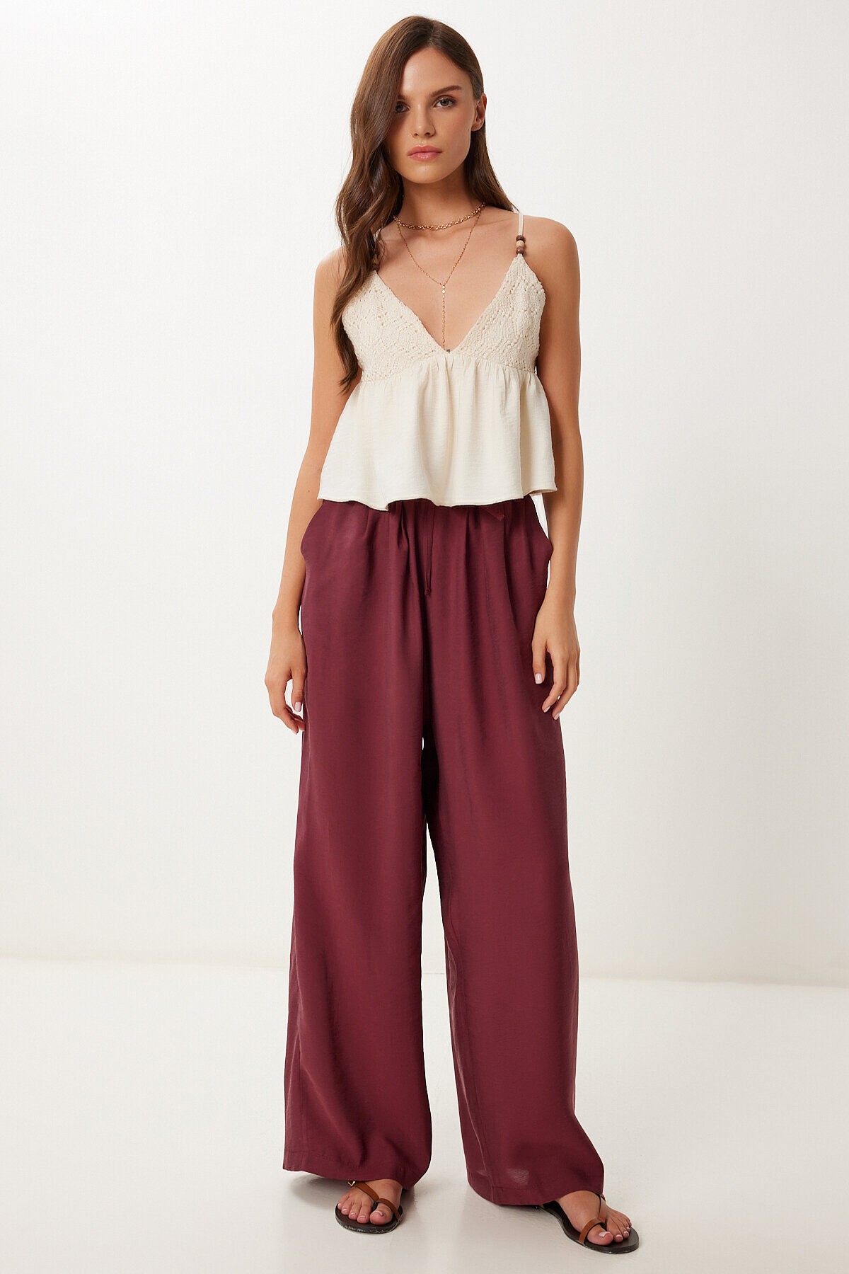Geniş Paça Rahat Modal Pantolon BORDO LMX0090