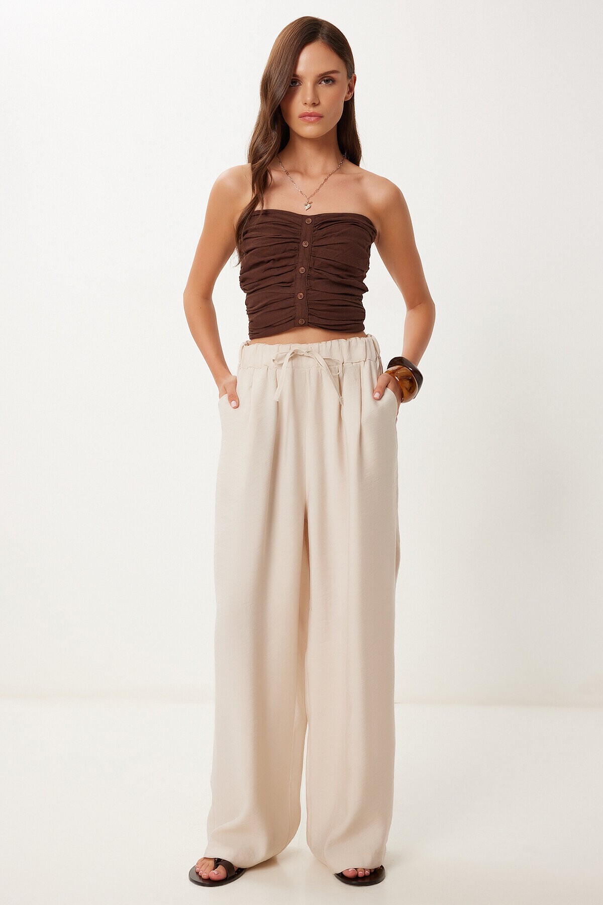 Geniş Paça Rahat Modal Pantolon KREM LMX0090