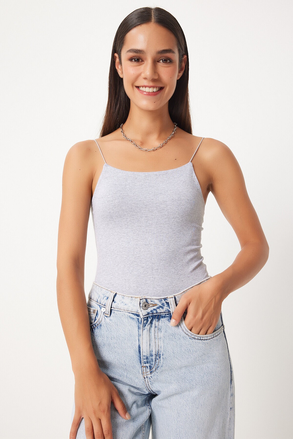 İkili İp Askılı Örme Bluz BEYAZ GRİ LLD0001