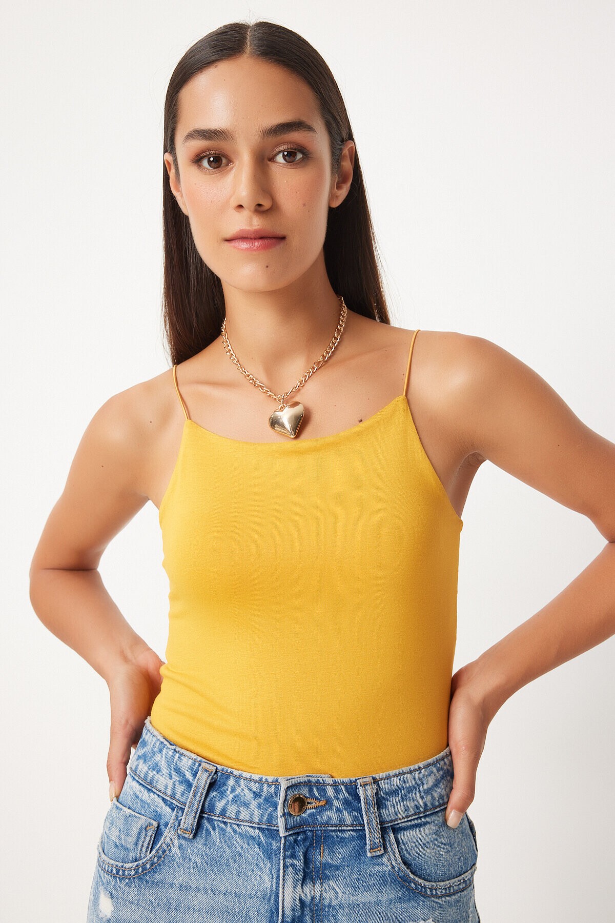 İkili İp Askılı Örme Bluz KOYU SARI BEYAZ LLD0001