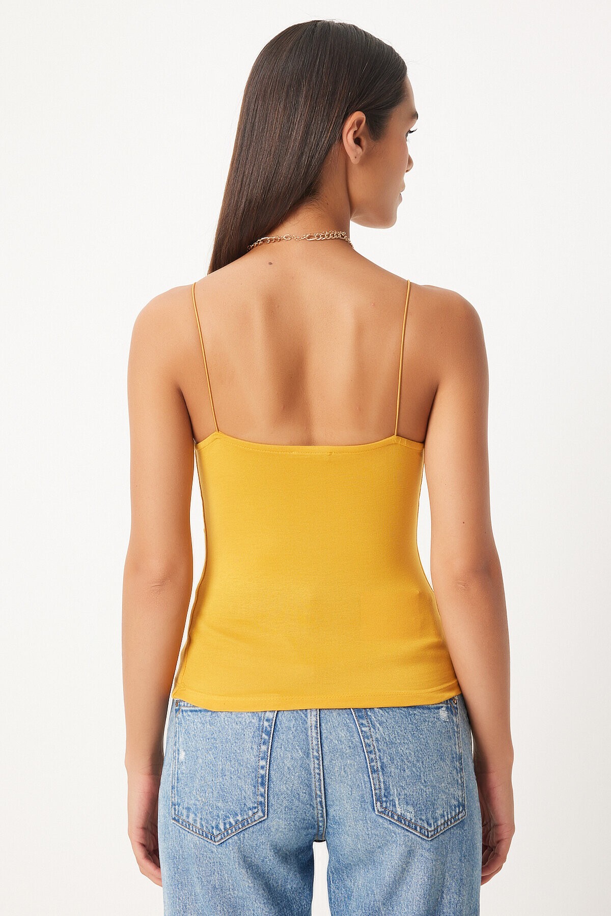 İkili İp Askılı Örme Bluz KOYU SARI BEYAZ LLD0001