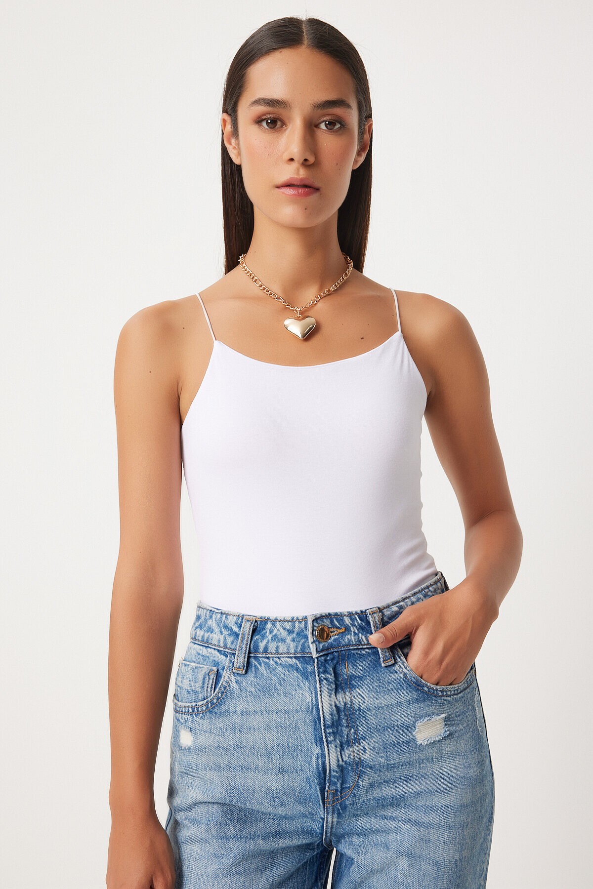 İkili İp Askılı Örme Bluz KOYU SARI BEYAZ LLD0001