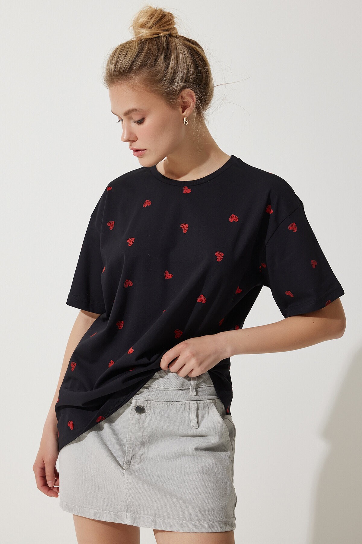 Kalpli %100 Pamuk Oversize Uzun Örme T-shirt SİYAH LNJ0023