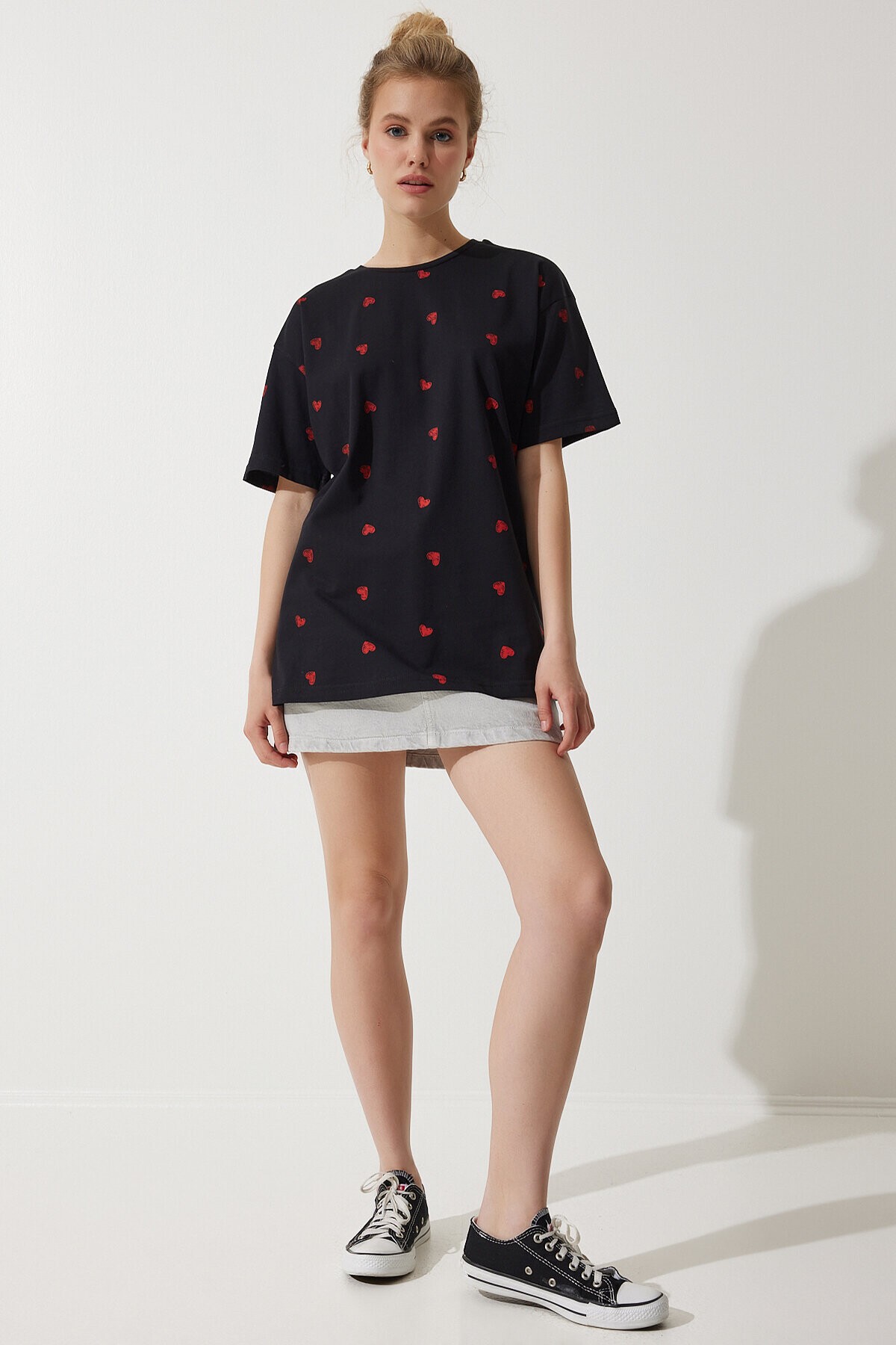 Kalpli %100 Pamuk Oversize Uzun Örme T-shirt SİYAH LNJ0023