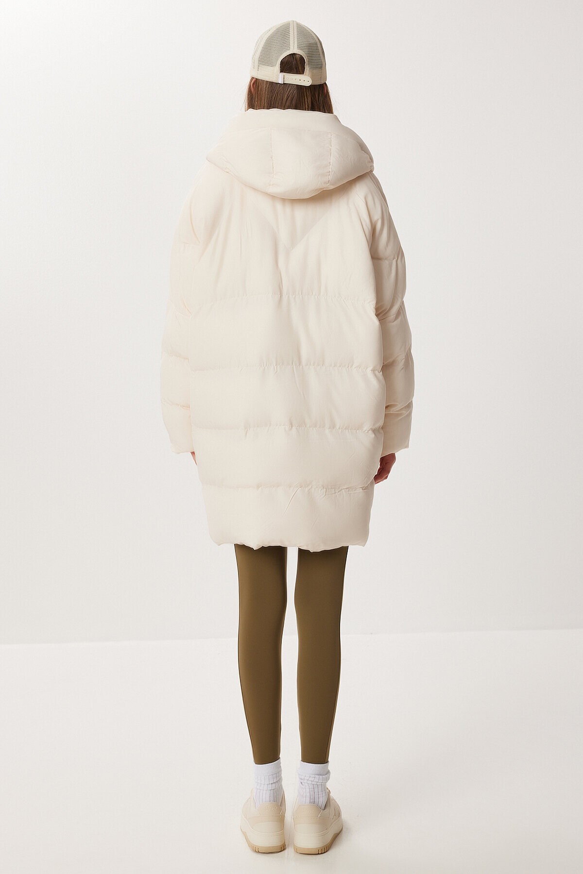 Kapüşonlu Oversize Şişme Mont KREM LNT0014