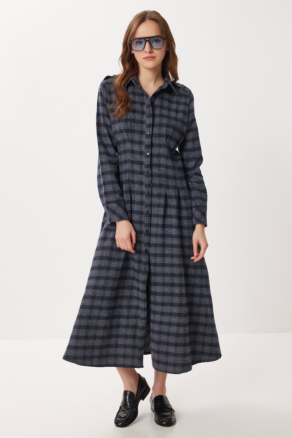 Kareli Midi Dokuma Elbise LACİVERT GRİ LLW0001