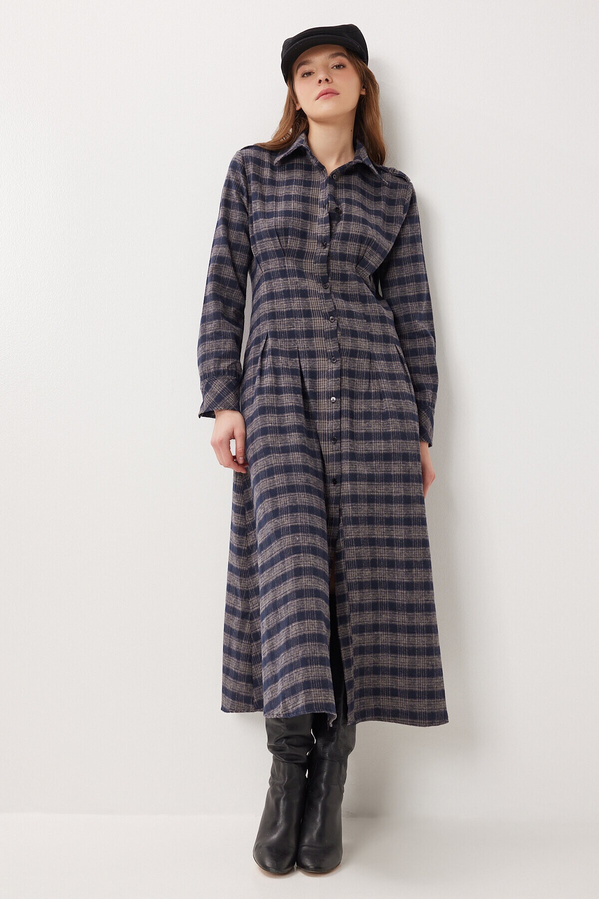 Kareli Midi Dokuma Elbise LACİVERT VİZON LLW0001