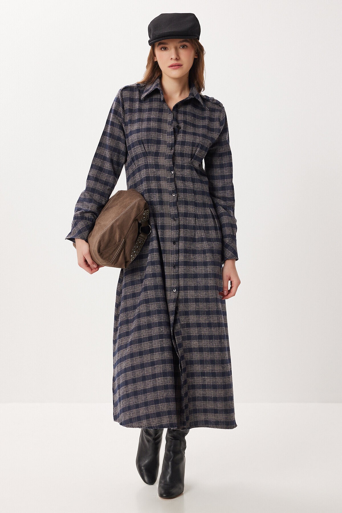 Kareli Midi Dokuma Elbise LACİVERT VİZON LLW0001
