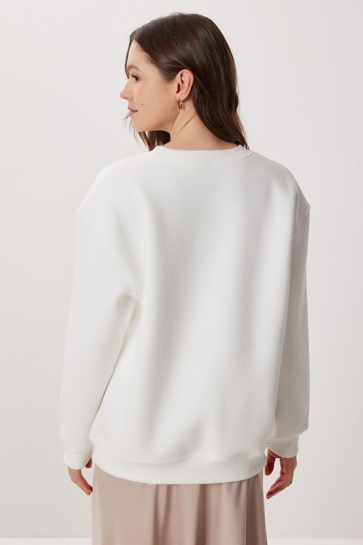 Leopar Baskılı Oversize Şardonlu Örme Sweatshirt EKRU LMC0078