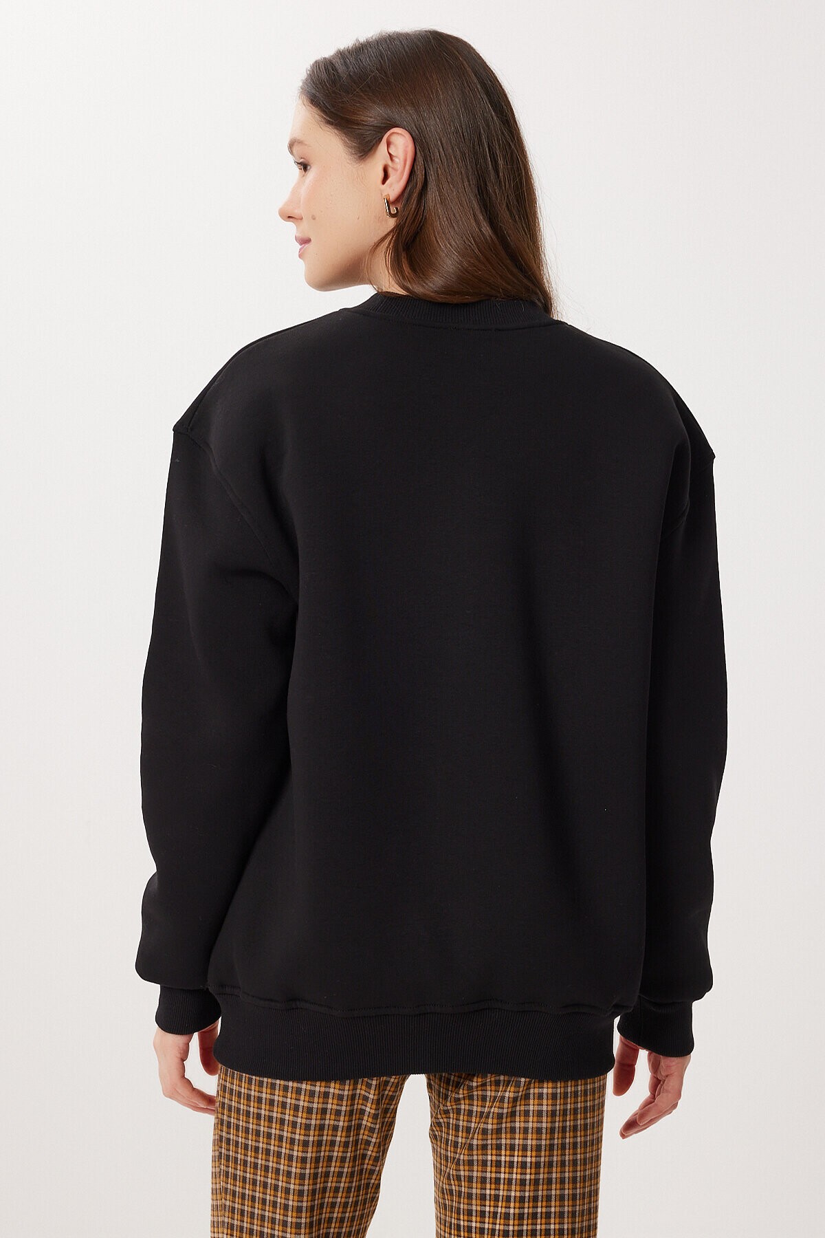 Leopar Baskılı Oversize Şardonlu Örme Sweatshirt SİYAH LMC0078