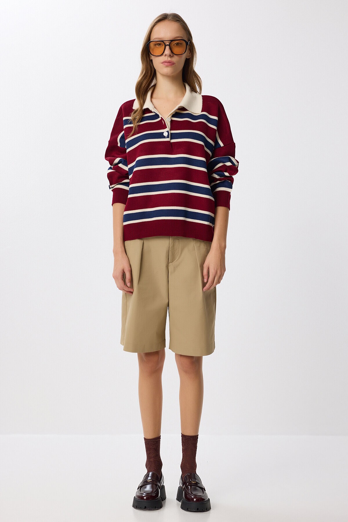 Polo Yaka Çizgili Triko Kazak BORDO LACİVERT LMW0024