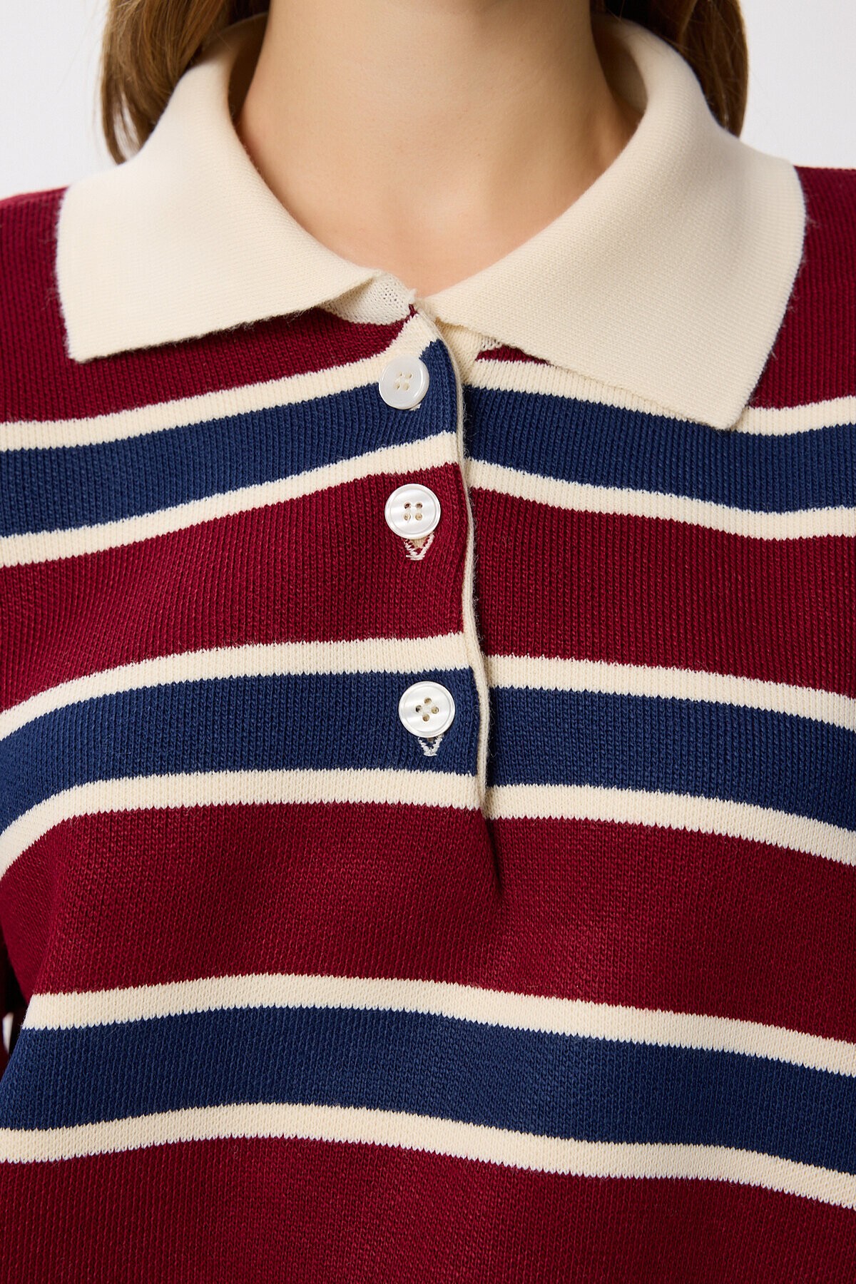 Polo Yaka Çizgili Triko Kazak BORDO LACİVERT LMW0024